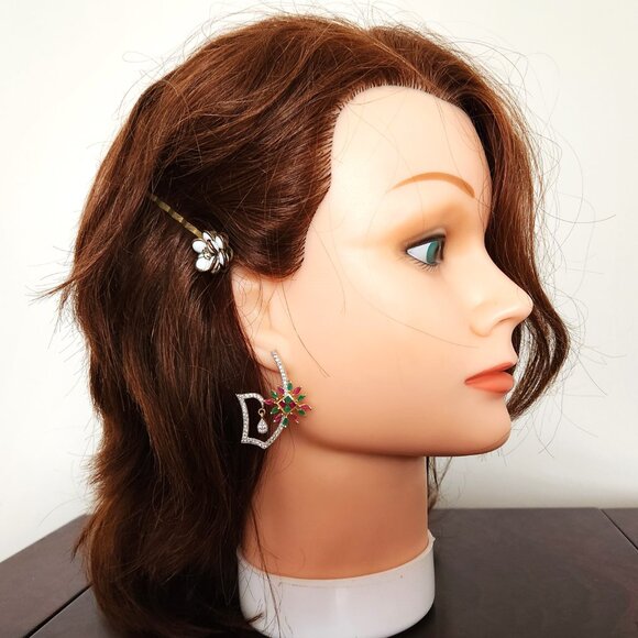 BIG GOLD TONE EAR RINGS WITH LOW QUALITY EMERALDS AND RUBIES? AND SPARKLING CRYS - Picture 6 of 7